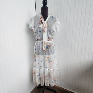 Lauren Ralph Lauren Midi Floral Dress Womens  Red White V-Neck Flutter Sleeve 6